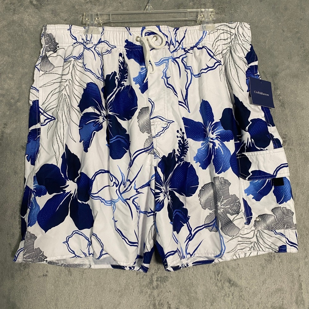 Croft & Barrow Swim‎ Trunks Sz XXL White Blue Floral Hibiscus Cargo Pocket New